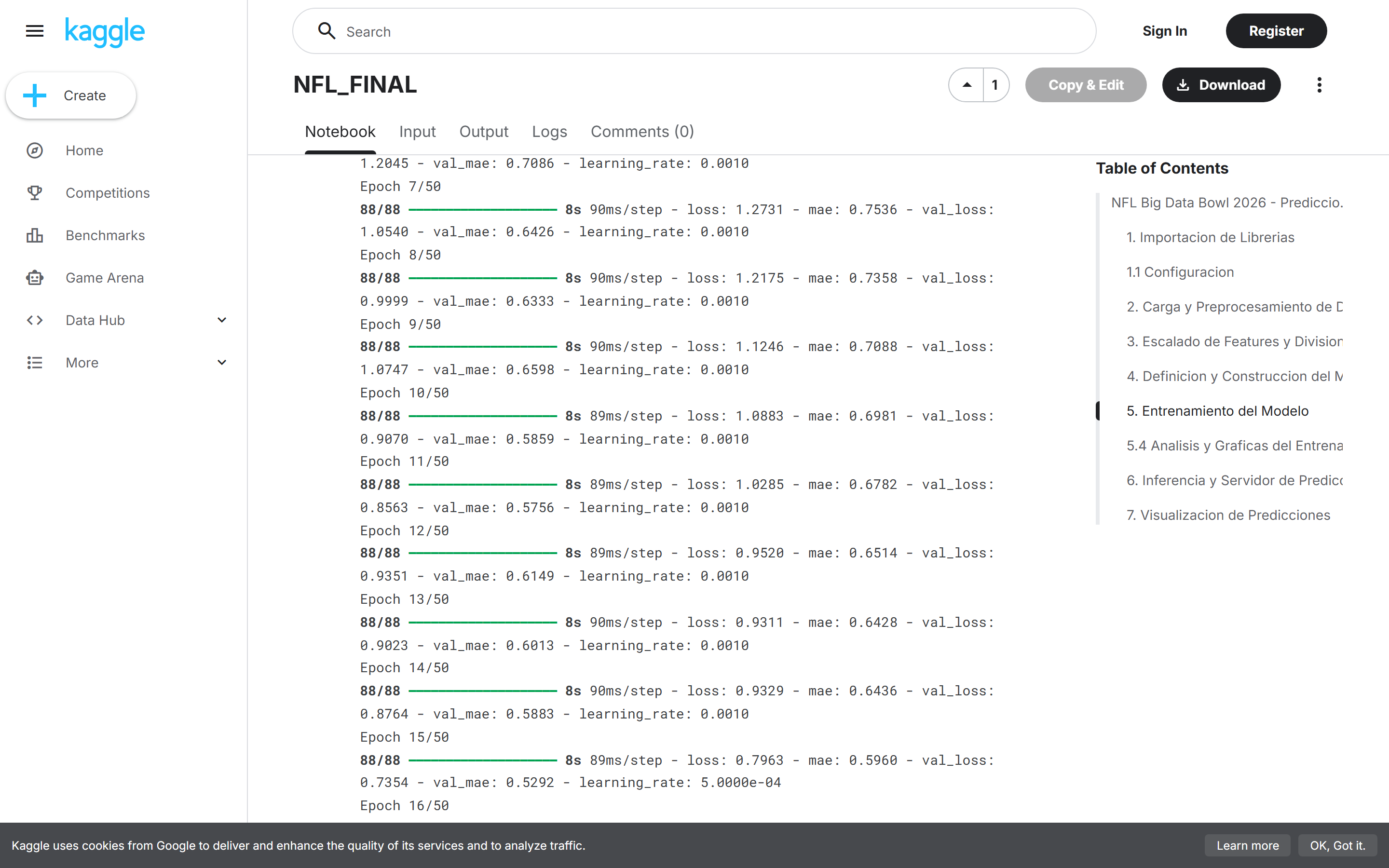 Entrenamiento del modelo en Kaggle.